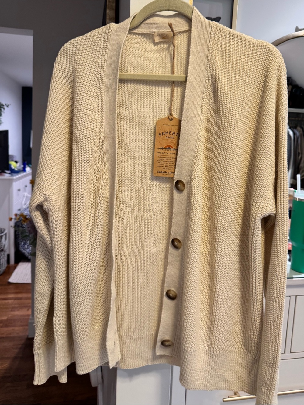Faherty Cream Ribbed V-Neck Button Cardigan Sweater - Picture 3 of 3